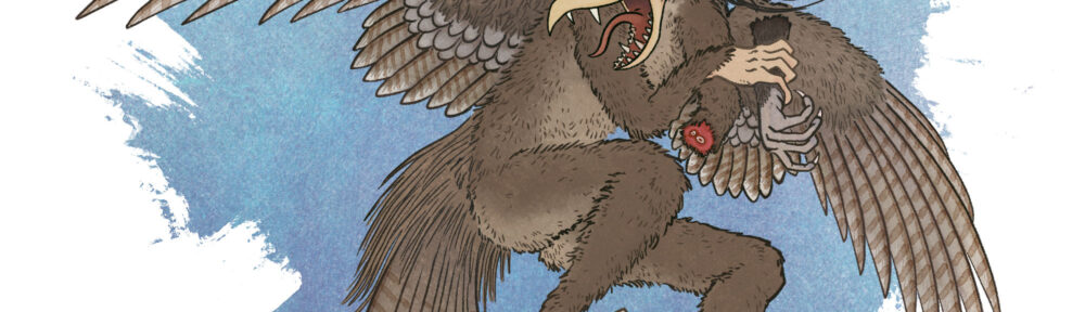 A tengu flies away, laughing and carrying its own severed arm.
