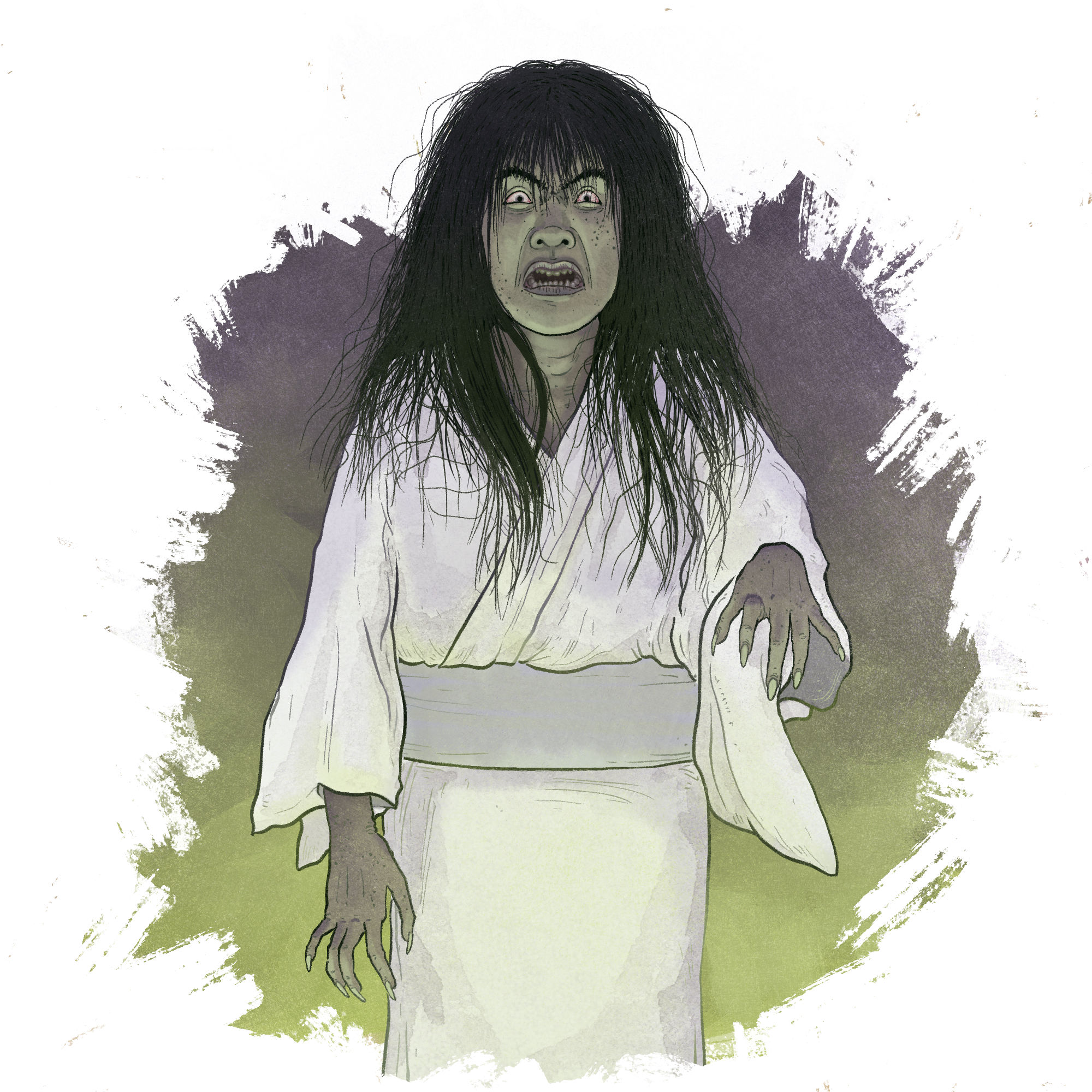 A frightful woman in a white kimono, with a hideous face and wild, long hair.
