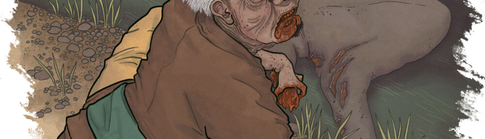 An old woman crouches by a riverbank, tearing flesh from a bloated corpse and eating it.