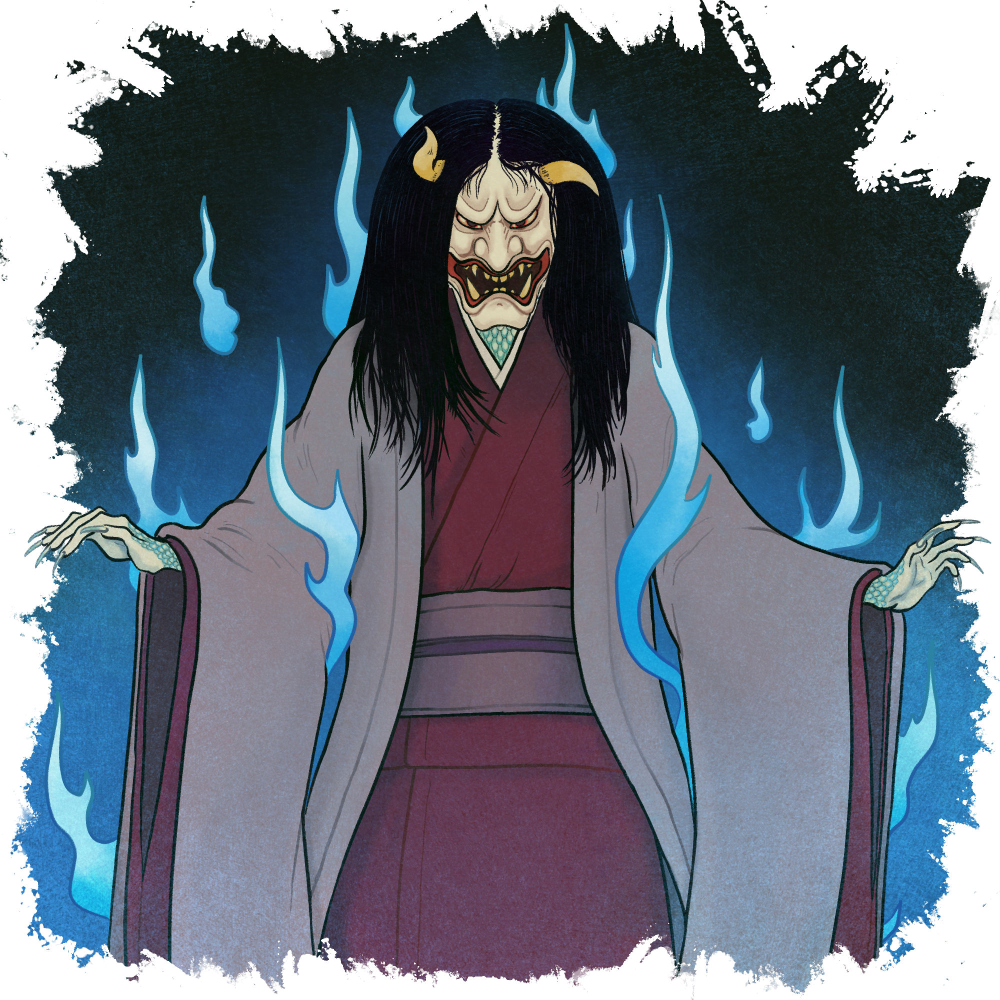 A demon goddess in a kimono, with fangs and horns, wreathed in blue flames.