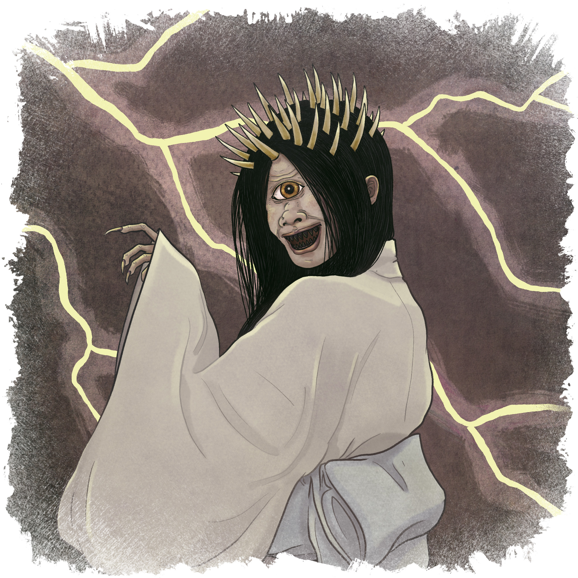 A monstrous woman with only one eye, wearing a white kimono, with many horns sprouting from the top of her head. Lightning flashes behind her.