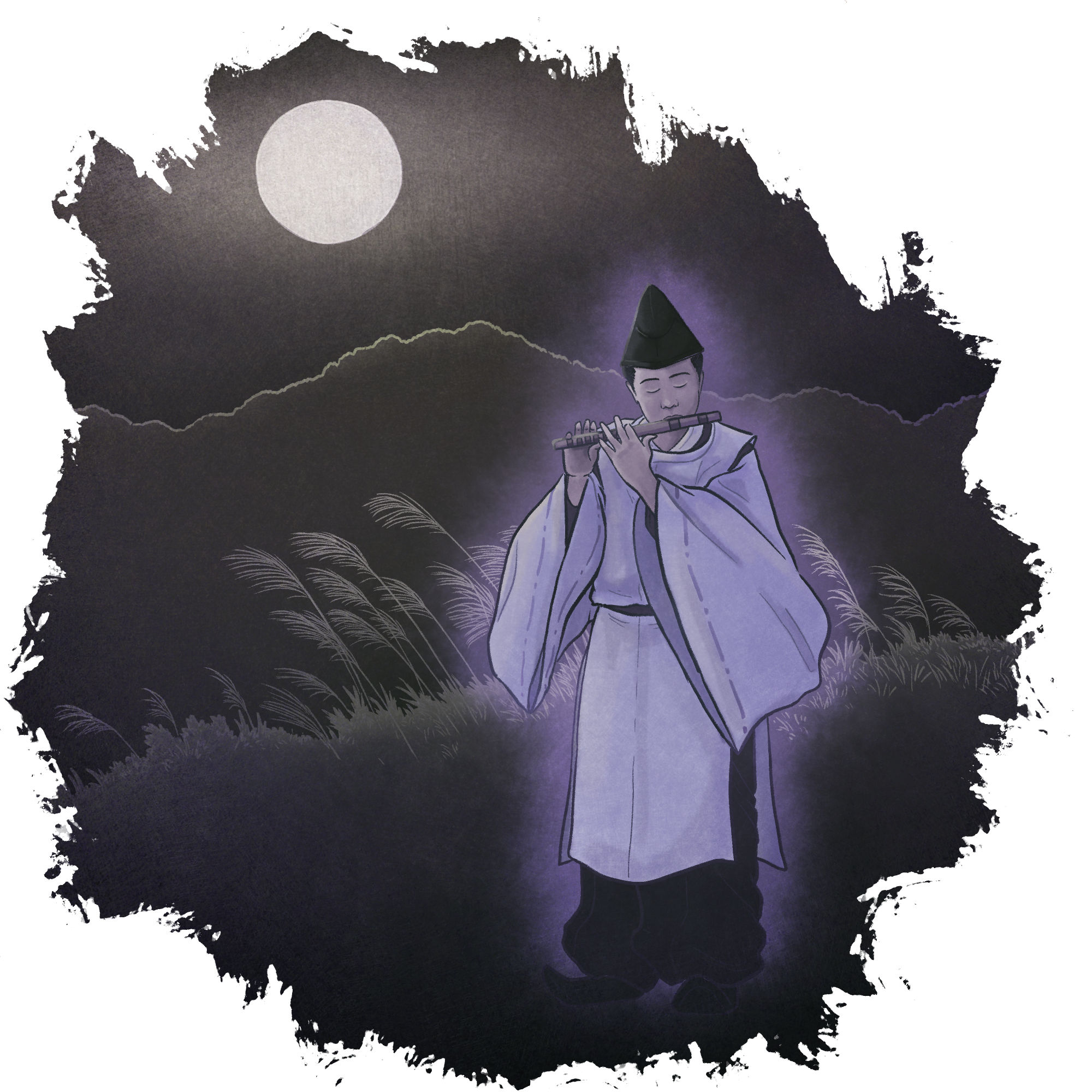 A ghostly boy in noble's clothing plays a flute in a moonlit field.