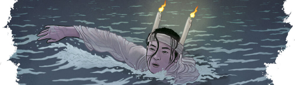 A woman wearing candles on her head swims across a bay at night.