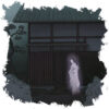 A ghostly woman loiters by a back door in the light of the moon.