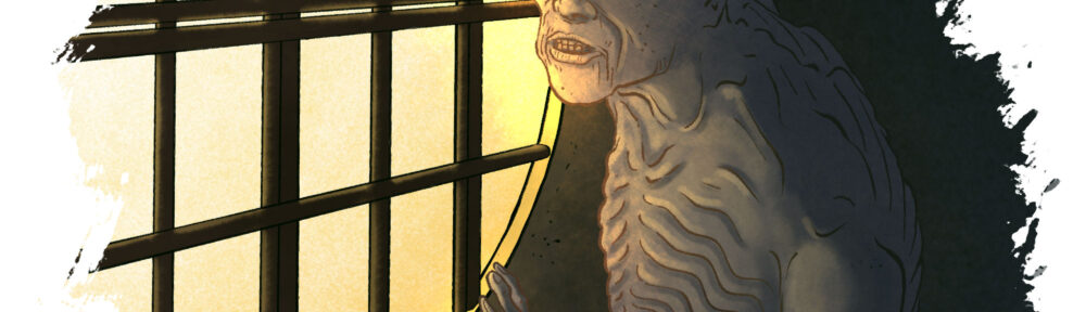 A hazy, emaciated, pale-faced man peers into a window.