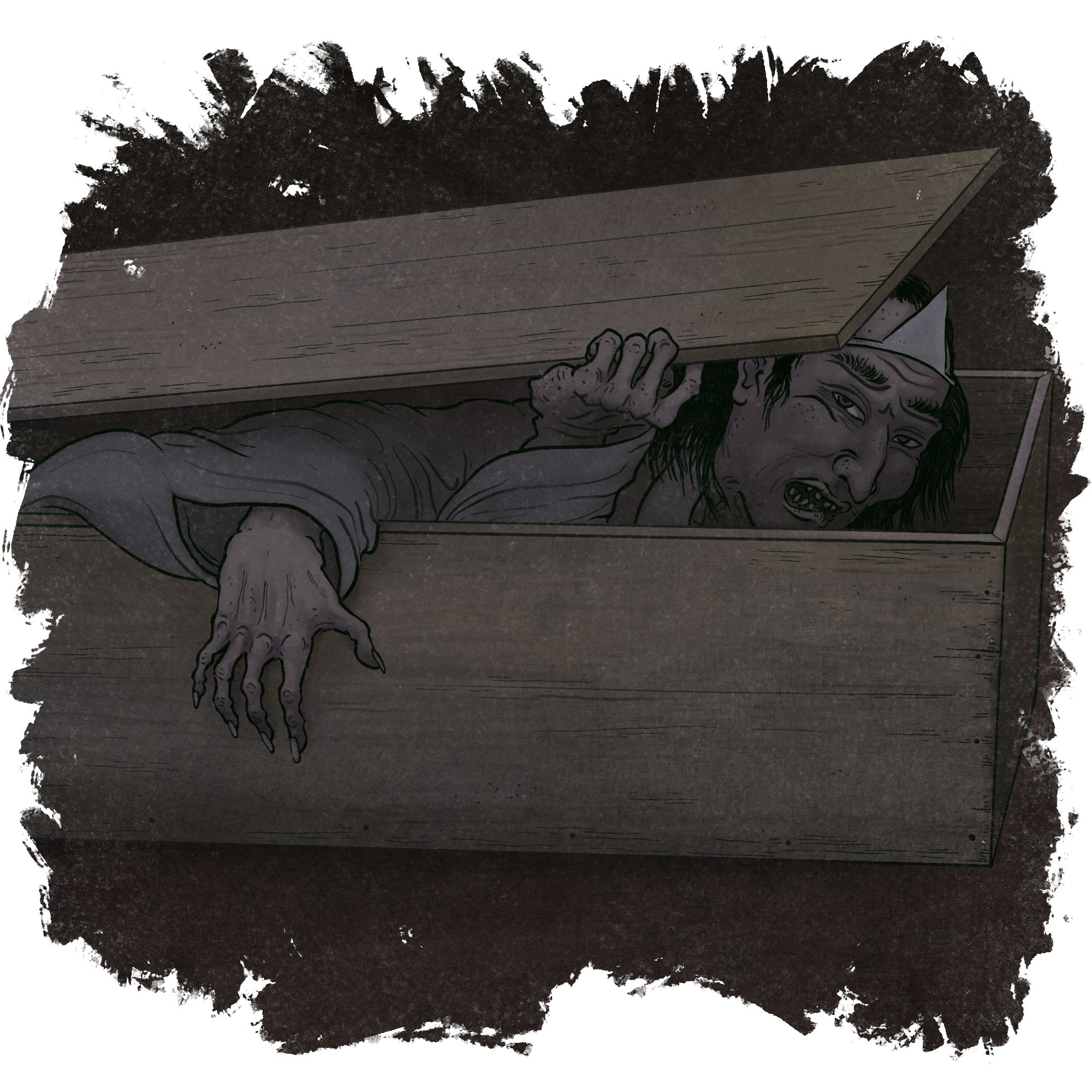 A corpse in a white burial kimono crawls out of its own coffin.