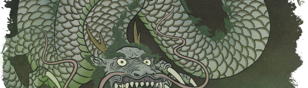 A coiling dragon vomits poisonous gas from its mouth.