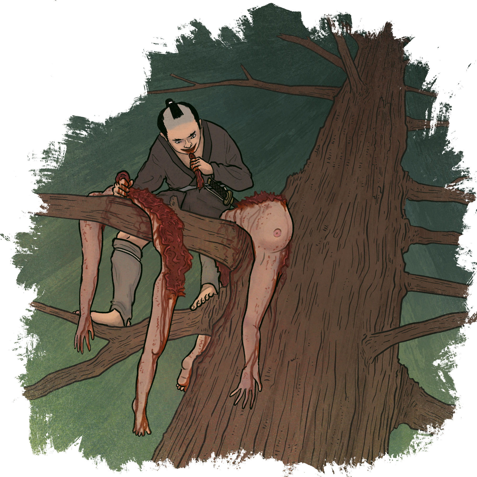 A man in a tree eats pieces of a woman's corpse ripped in two.