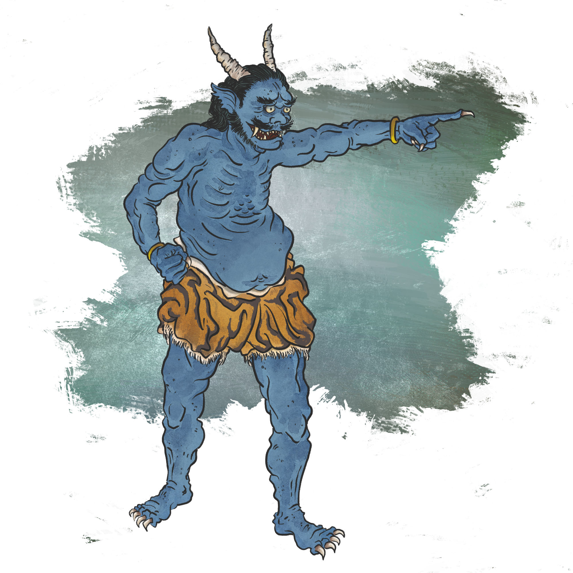 a blue-skinned oni wearing tiger-skin pants points into the distance