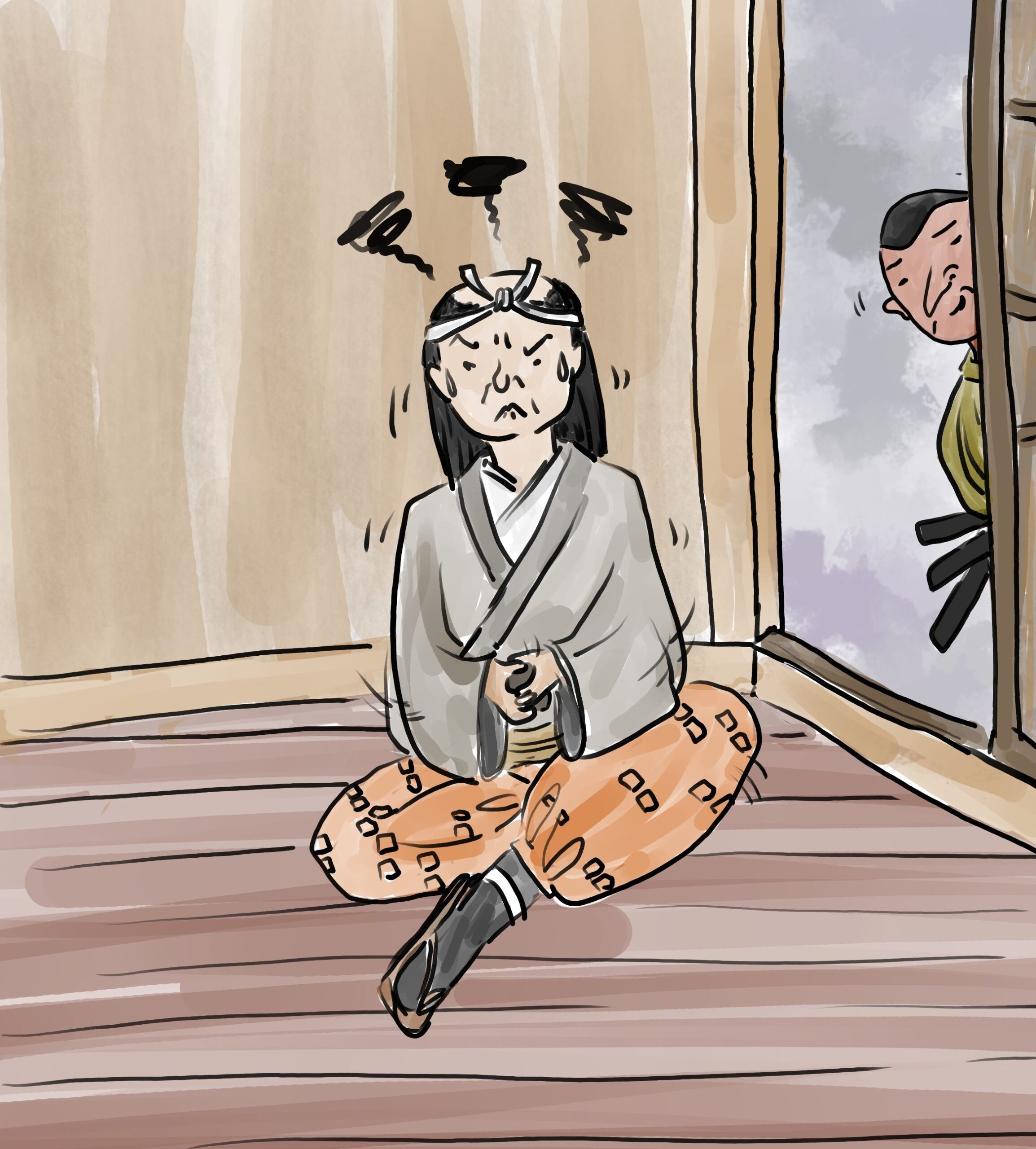 a tengu snickers behind a samurai whose hands are stuck to a ball of resin